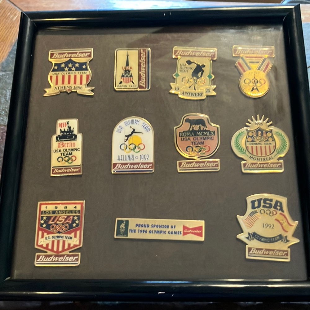 Budweiser Olympic Sponsorship Black and Gold Pin in Picture Frame Collection